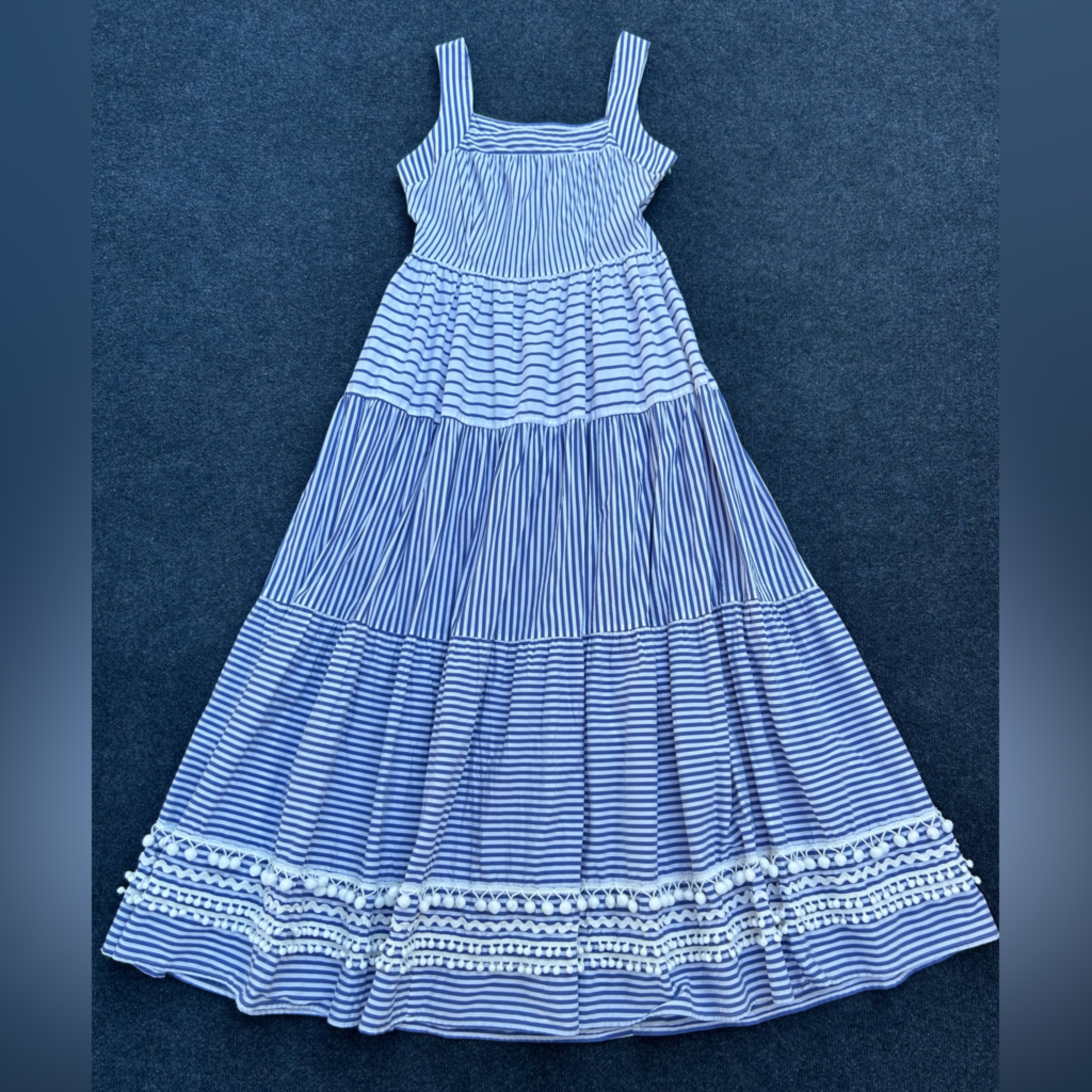 Ck Bradley Blue White Striped Tiered Maxi Dress Pockets Pompoms Medium Flaw